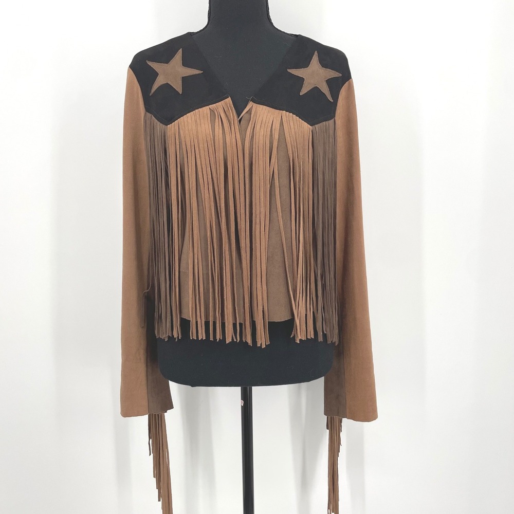 Vocal Fringe Jacket Womens Medium Brown Faux Suede Western Star Boho Festival - Picture 1 of 16